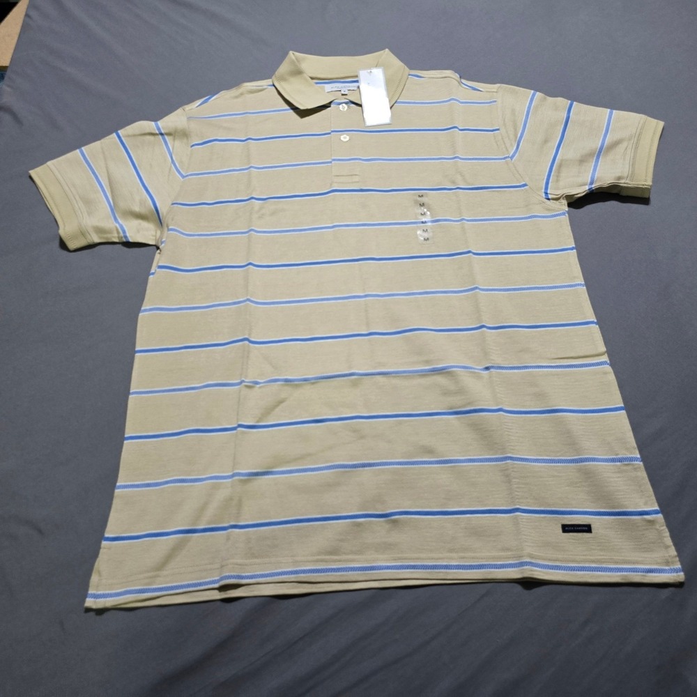 Alex Cannon Polo Shirt Mens Medium Tan Blue Striped Short Sleeve 100% Cotton NWT